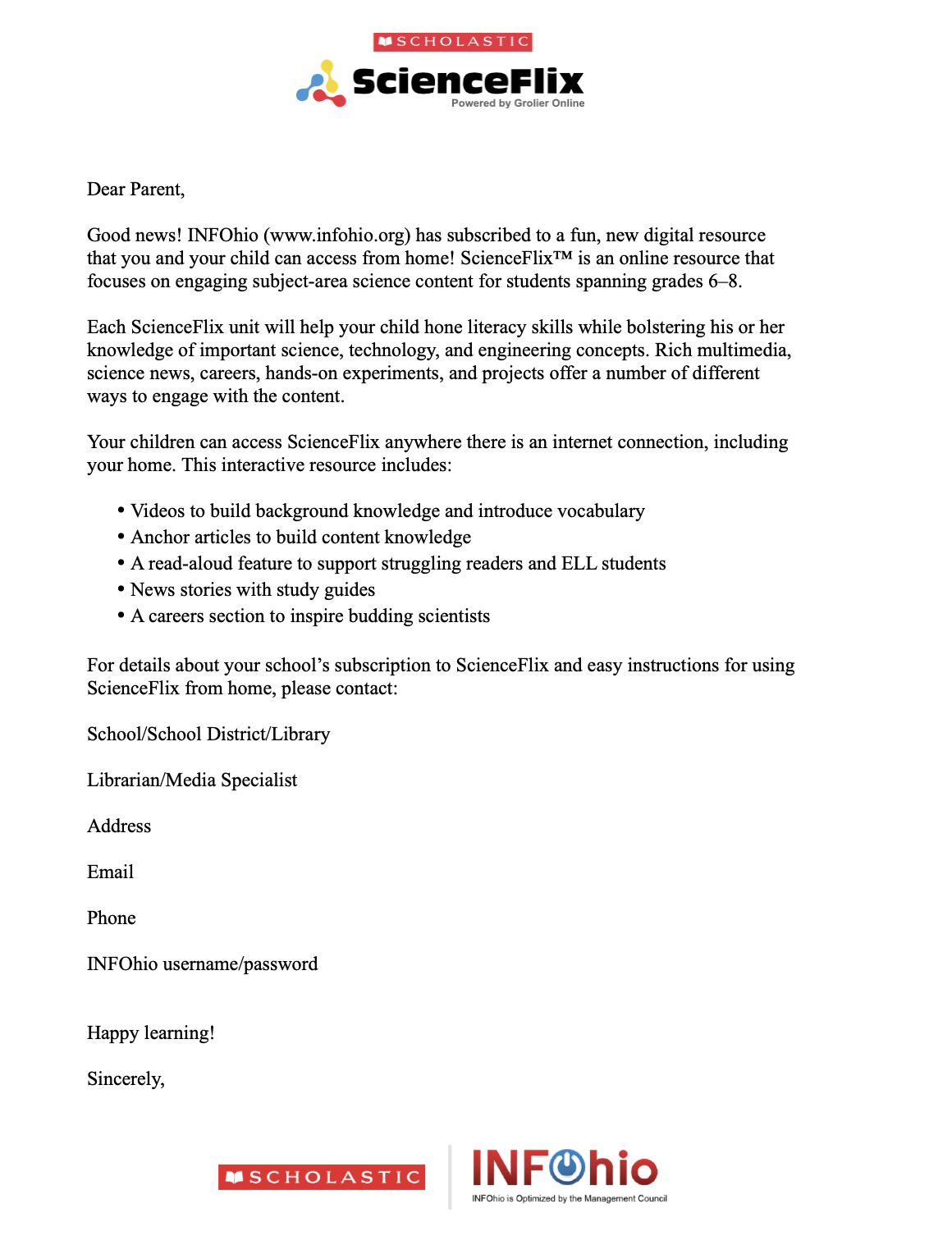 ScienceFlix Parent Letter (English) 